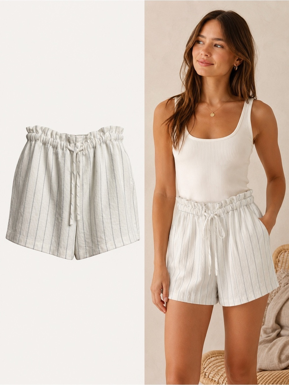 Hatch White Pinstripe Paperbag Shorts | Coastal Minimalist Summer Lounge Shorts